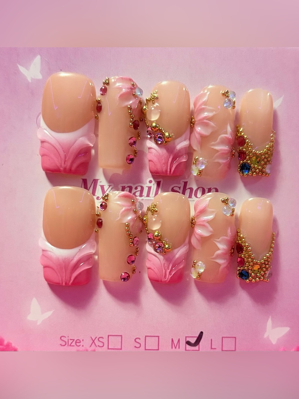 Luxury Pink Floral 3D Press-On Nail Set - Women Makeup